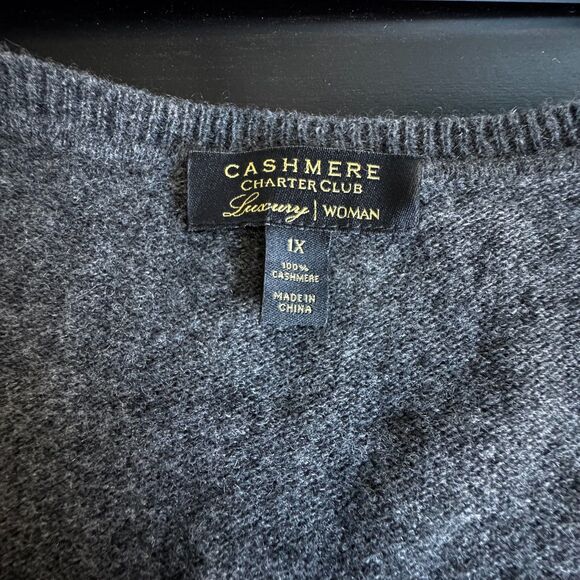 Charter Club Sweater Women 1X Luxury Cashmere V neck Minimalist Grey - Picture 9 of 9